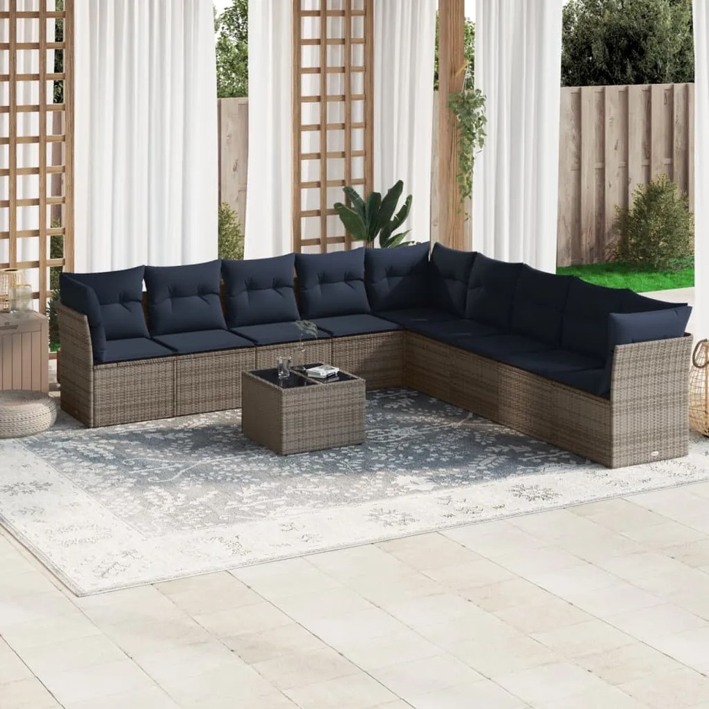 vidaXL 10 pcs conjunto sofás p/ jardim c/ almofadões vime PE cinzento