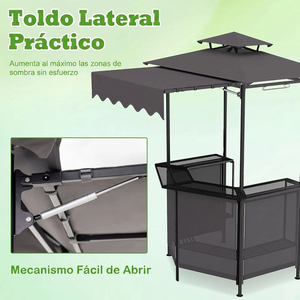 Abrigo para churrasco ou bar com 2 Bancos Dobráveis, 229 x 177 x 160 cm, Estrutura Metálica Reforçada, Cinzento