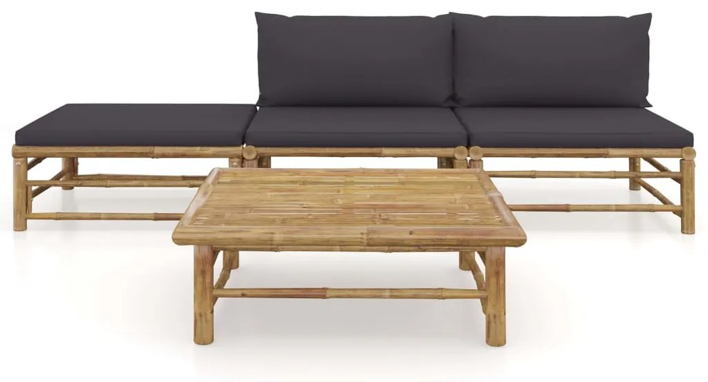4 pcs conj. lounge jardim em bambu c/ almofadões cinza-escuro