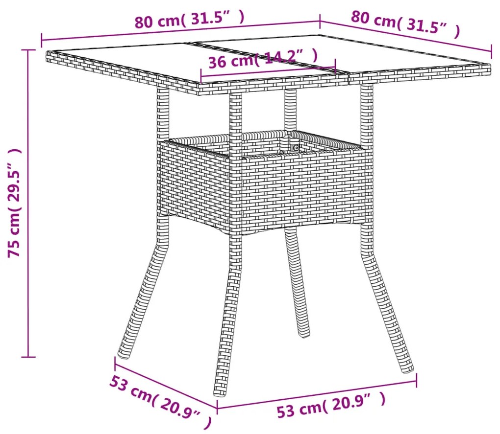 Mesa de jardim com tampo de vidro 80x80x75 cm vime PE branco