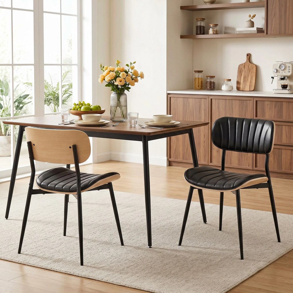 Conjunto de 2 cadeiras de sala de jantar, cadeiras de cozinha sem braços, encosto curvo e assento estofado em PU, preto