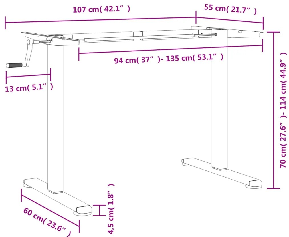 Estrutura de secretária de pé (94-135)x60x(70-114)cm aço preto