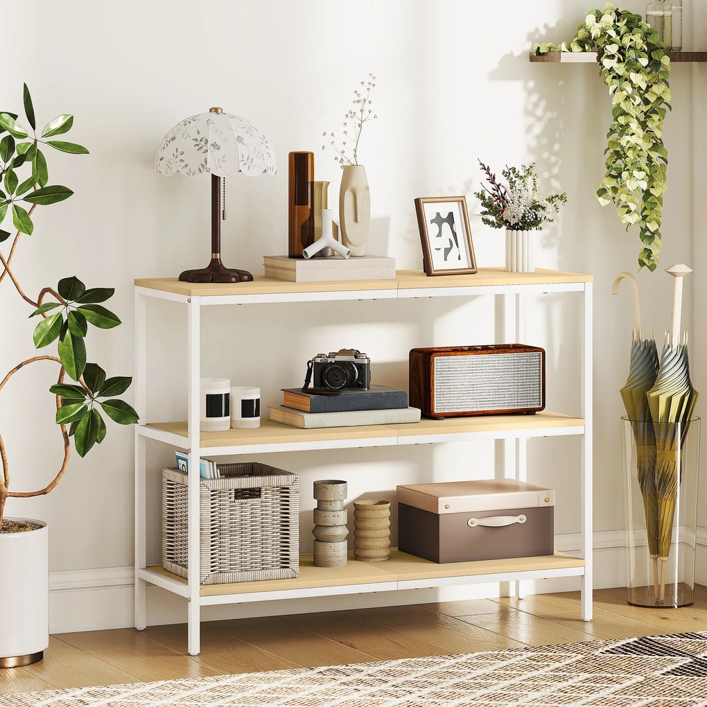 Mesa Consola Estreita Consola de Entrada Moderna com 3 Prateleiras Abertas e Pés de Metal 101x35x80 cm Madeira e Branco
