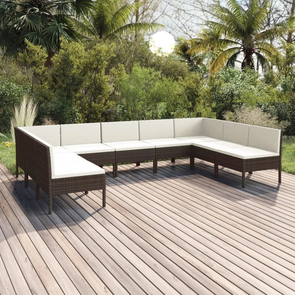 vidaXL 9 pcs conjunto lounge jardim c/ almofadões vime PE castanho