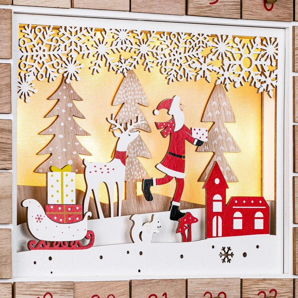 Calendário do Advento Pai Natal em madeira com LED 35 x 6 x 27 cm Branco quente + Castanho