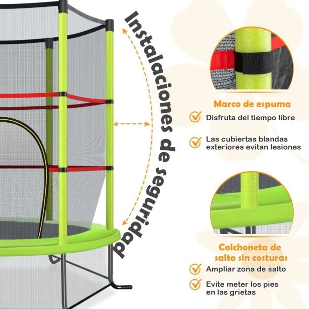 Trampolim para crianças 191 cm com rede de segurança e almofada para molas recreativas Estrutura em aço Verde