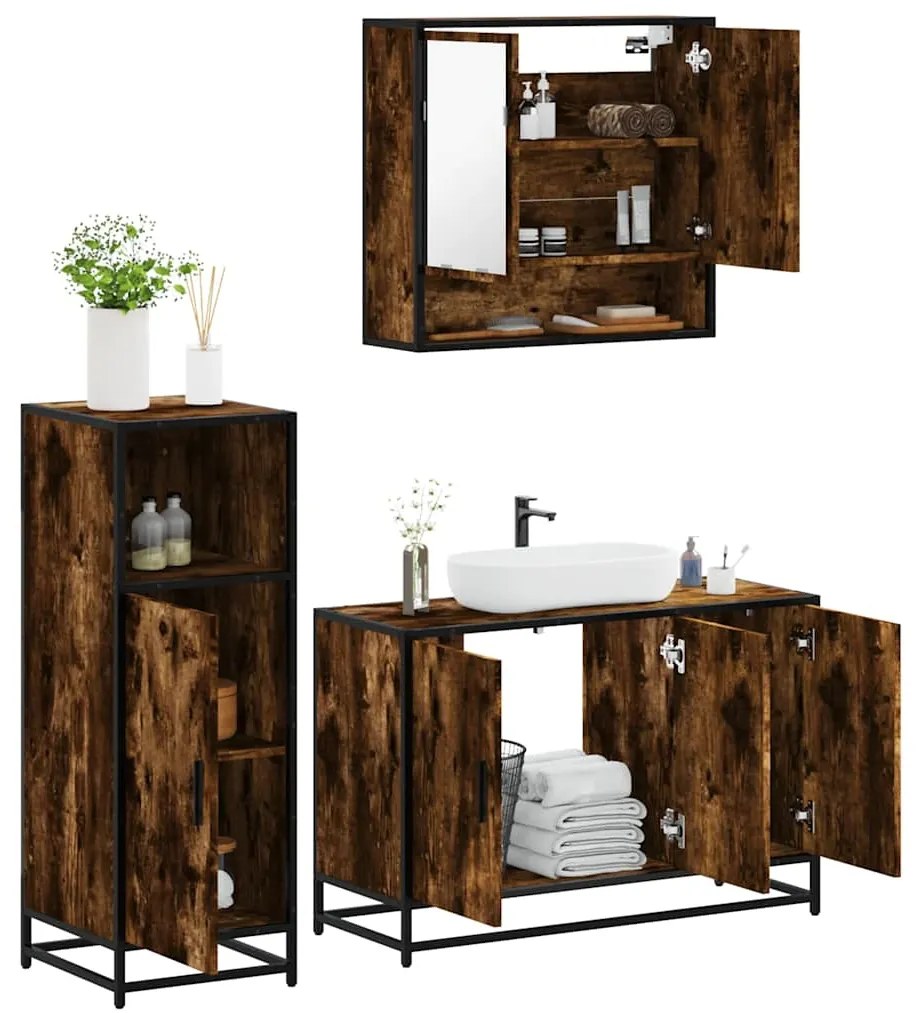vidaXL 3 pcs conjunto de móveis WC madeira processada carvalho fumado