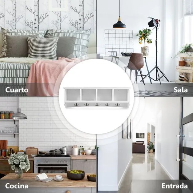 Cabide de parede para hall de entrada com 4 compartimentos e 5 ganchos duplos 72 x 15,5 x 23 cm Branco