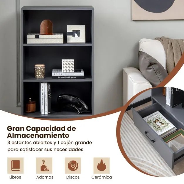 Estante de 4 níveis com gaveta para arrumação 60 x 38 x 120 cm Dispositivo anti-capotamento aberta independente para sala de estudo Cinzento