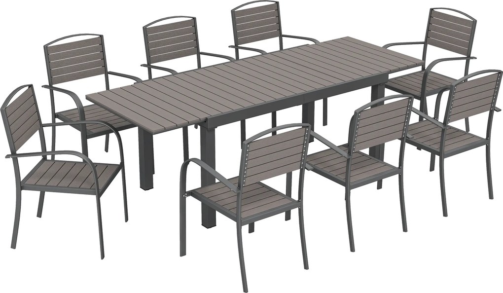 Conjunto de Mesa e Cadeiras de Jardim com Mesa Extensível Estrutura de Alumínio 8 Cadeiras e Tampo de Ripas de Madeira Plástica