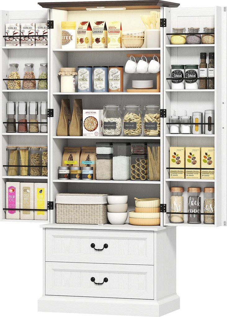 Armário alto de cozinha76 x 39,5 x 183 cm iluminação LED com sensor, 2 portas, gavetas e prateleiras ajustáveis, branco