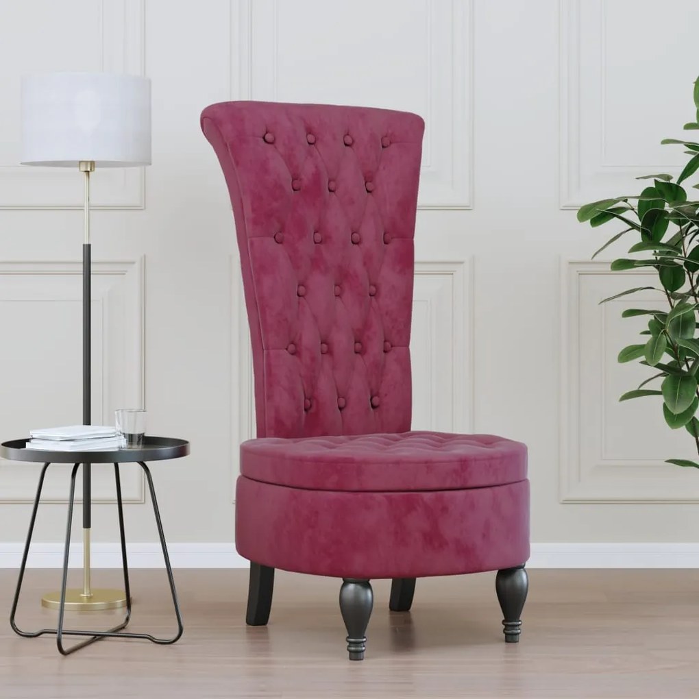 Cadeirão c/ encosto alto veludo vermelho-tinto design de botões