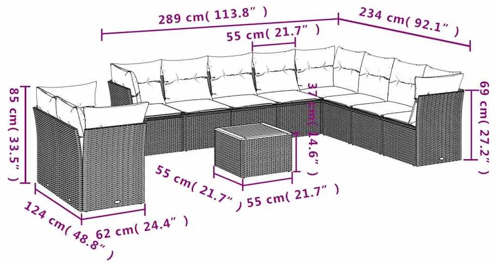 11 pcs conjunto sofás de jardim c/ almofadões vime PE cinzento