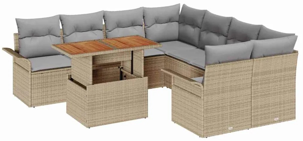 Sofá de Jardim de 9 Peças com Almofadas Bege em Rattan Sintético e Acá