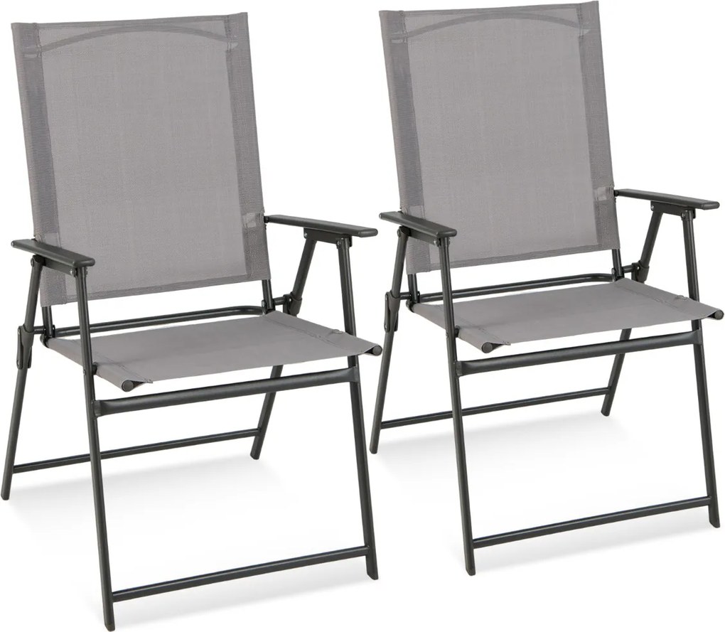 Conjunto de 2 cadeiras de jardim dobráveis com encosto alto Cadeira de jardim exterior portátil em metal de tecido resistente Cinzentas