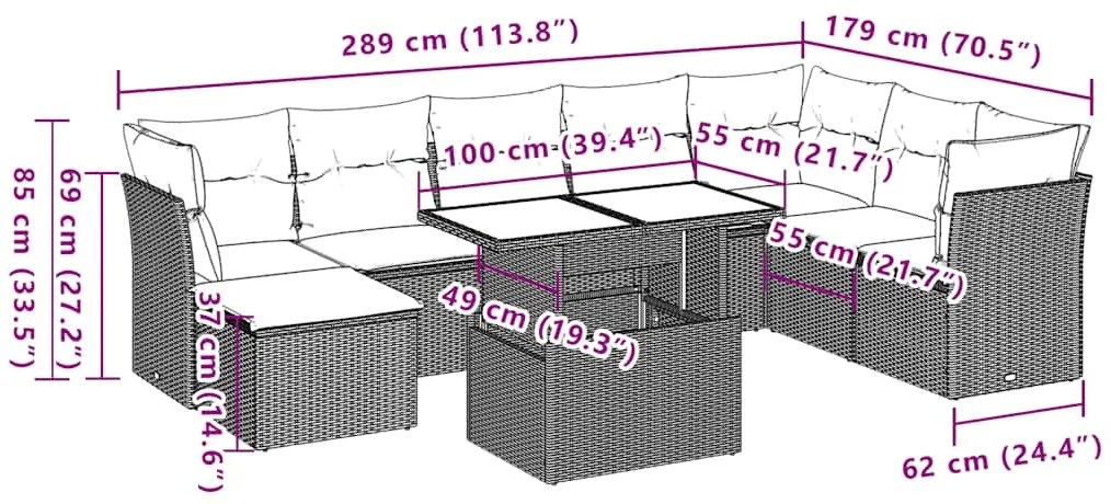 9 pcs conjunto de sofás p/ jardim c/ almofadões vime PE preto