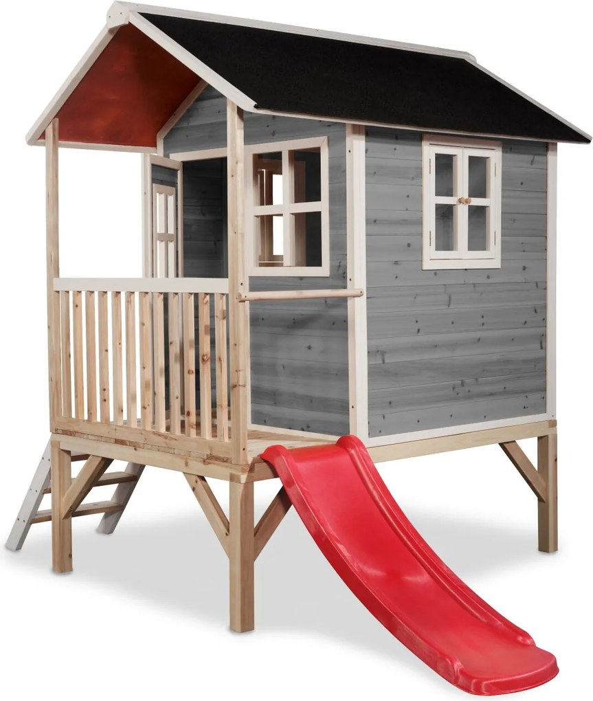 Casa de brincar infantil exterior para crianças Loft 300 em madeira com escorrega - Cinzenta