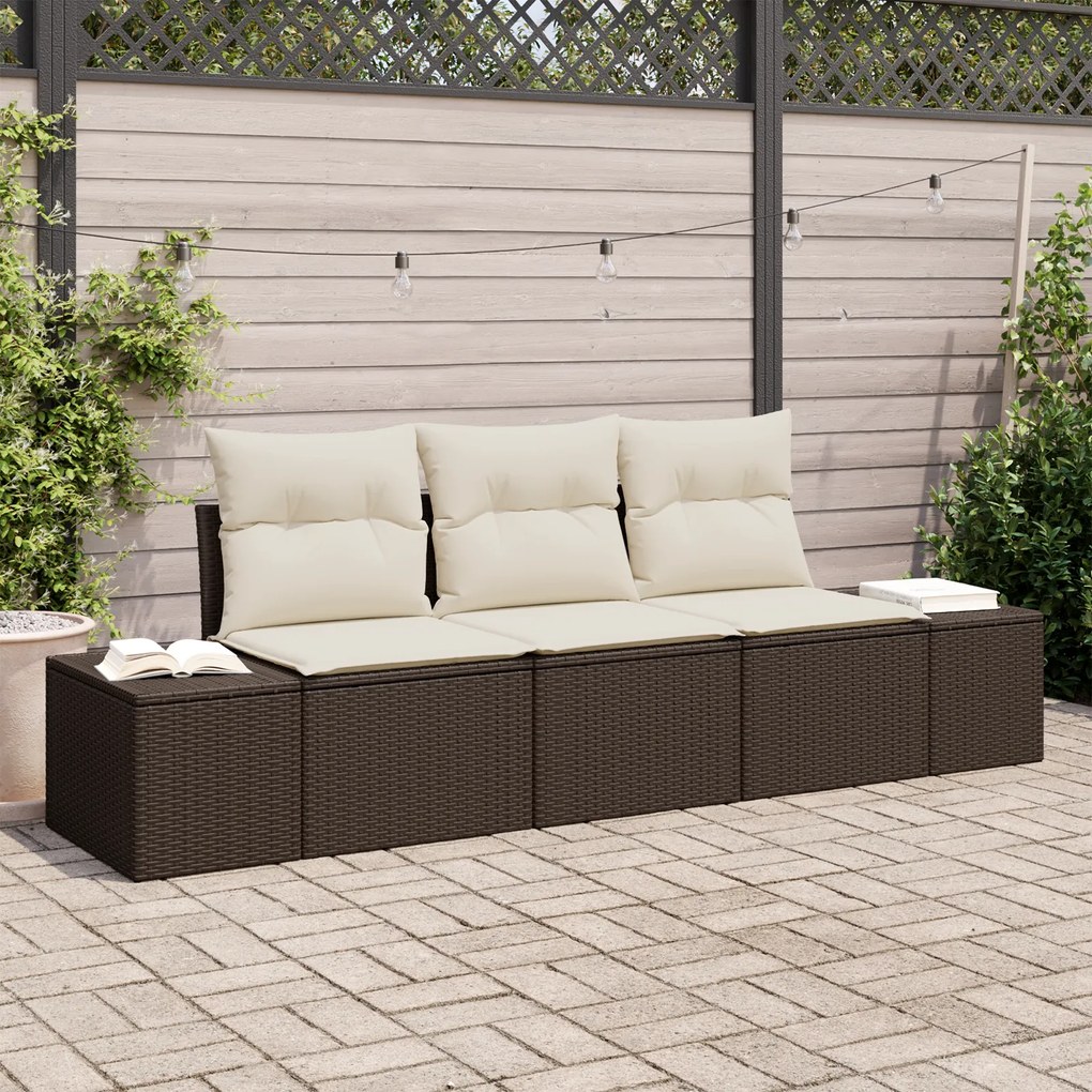 vidaXL Conjunto de Sofás de Jardim de 3 Peças com Almofadas Castanho Vime Poliéster