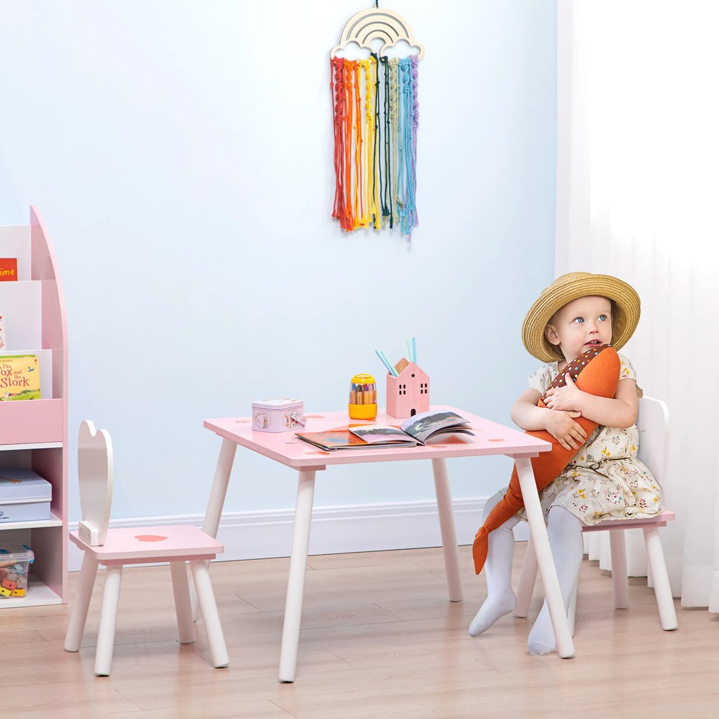 ZONEKIZ Conjunto de Mesa e 2 Cadeiras Infantil de Madeira Mesa Infantil para Crianças Acima de 18 Meses para Sala de Estar Brinquedoteca Dormitório 68x68x47cm e 30x30x51cm Rosa