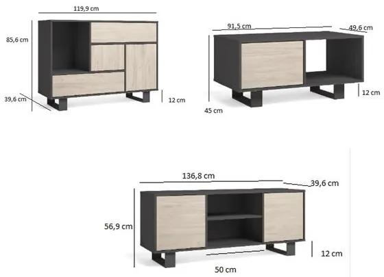 Conjunto WIND, Conjunto de móveis para sala de estar/jantar composto por 1 Buffet, 1 Móvel TV140 e 1 Mesa de Café, cor Cinzento/ Carvalho, Pernas Pret