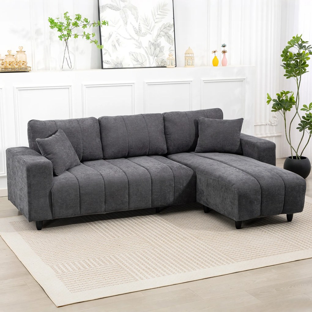 Sofá Chaise Longue Reversível 3 Lugares com 2 Almofadas Estofado em Linho e Estrutura em Aço 242x156x87 cm Cinzento Escuro