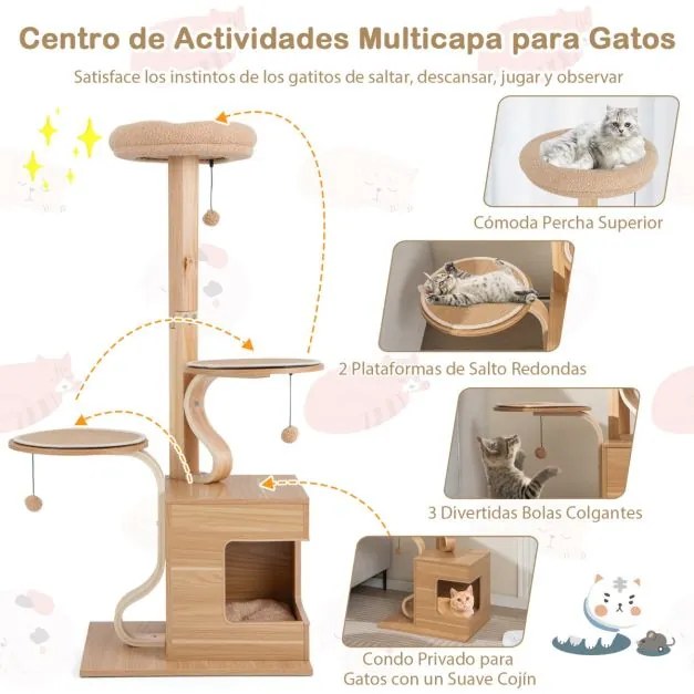 Arranhador para gatos de 4 camadas com 129 cm de altura e poste de madeira maciça natural