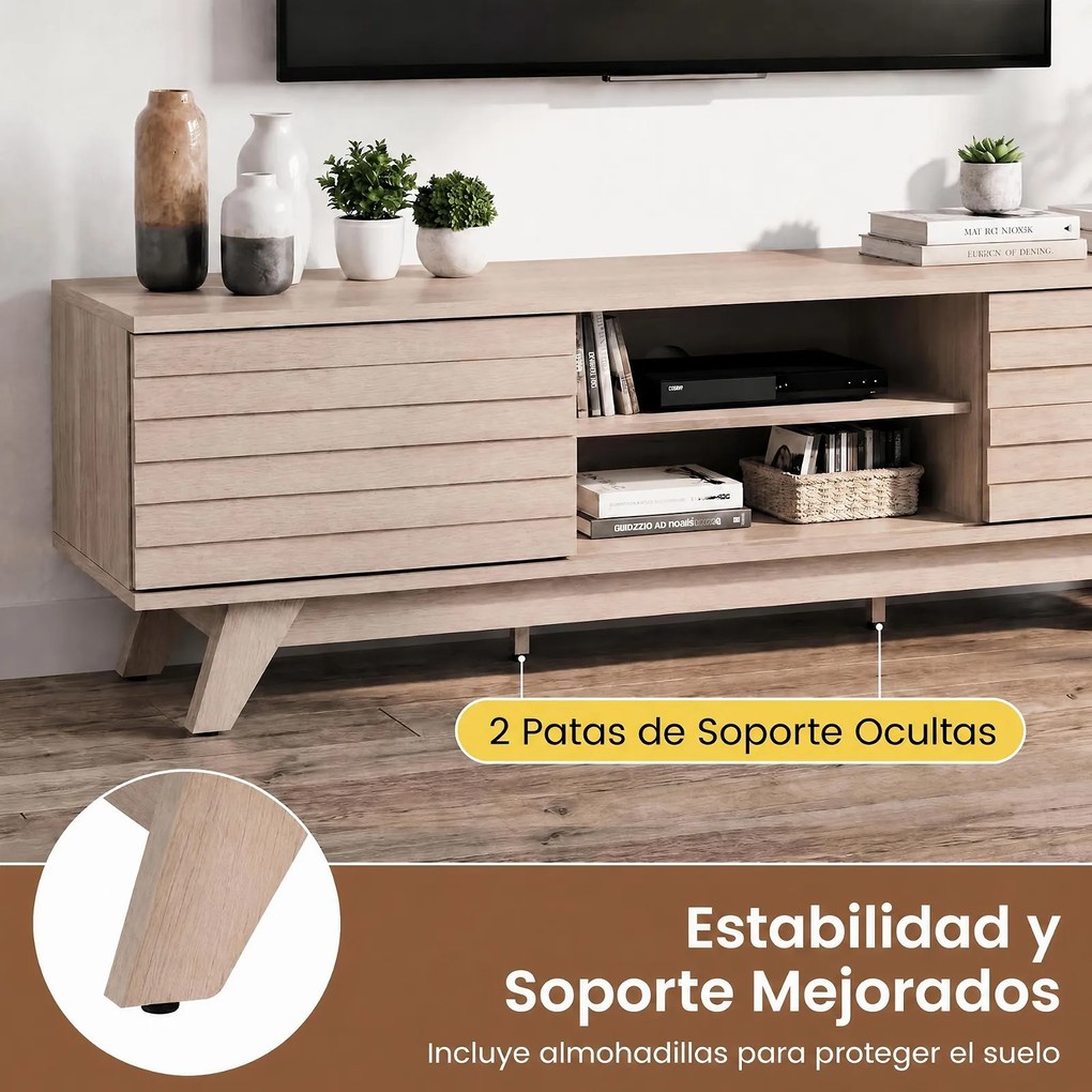 Móvel de TV com Portas de Correr, 145 x 39,5 x 41,5 cm, Prateleira Ajustável, Natural