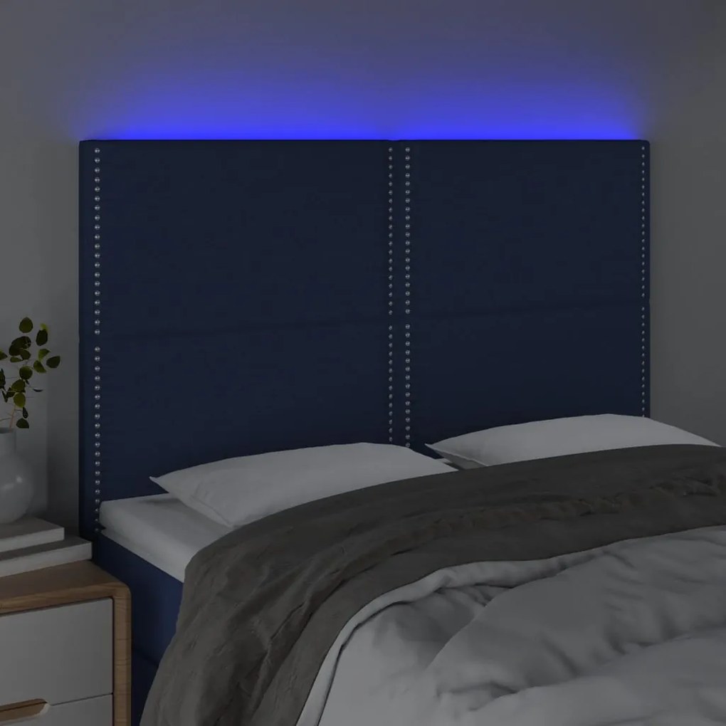 Cabeceira cama c/ LED tecido 144x5x118/128 cm azul