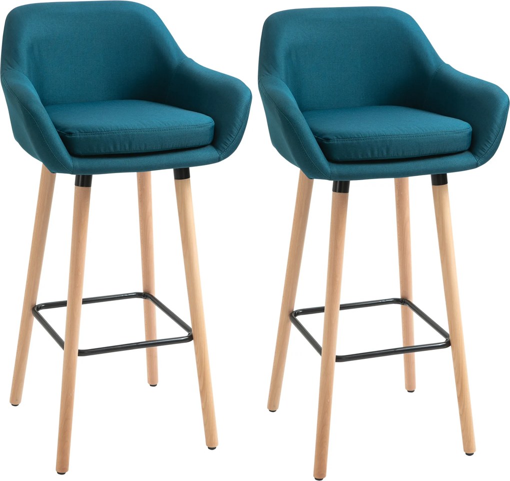 HOMCOM Bancos de Bar Design escandinavo - Conjunto de 2 bancos de bar Alto Conforto com Apoio para Pés e braços - Madeira maciça Linho azul | Aosom Portugal