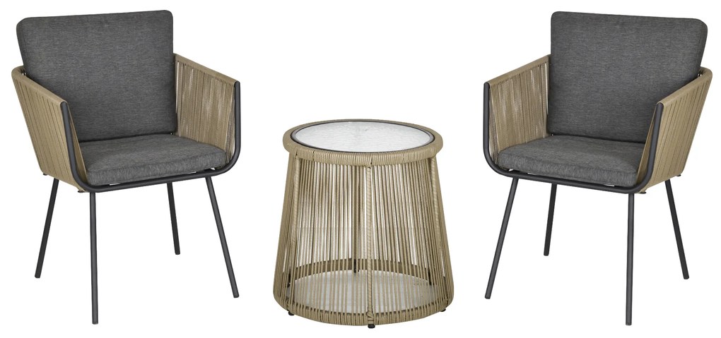 Outsunny Conjunto de Móveis de Vime Conjunto de Móveis para Jardim 3 Peças Mesa Redonda e 2 Poltronas com Almofadas Cinza Claro e Marrom | Aosom Portugal