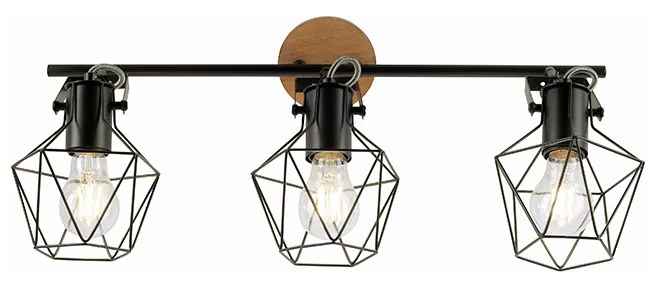 Luminária Industrial Preto com Madeira 3 Luzes - Sven Industrial