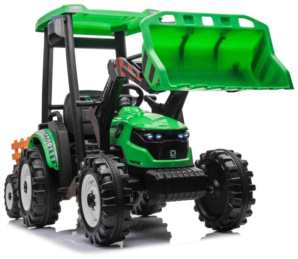 Trator elétrico para Crianças 24V 2x200W MEGA D68 Tractor com Reboque Assento de couro, Rodas Plástico Verde