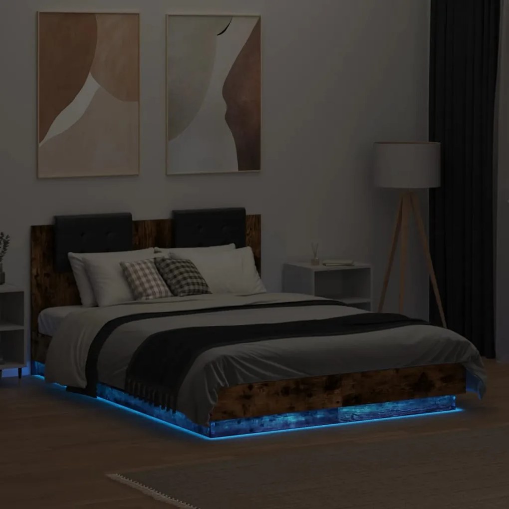 Estrutura cama c/ cabeceira/luzes LED 120x190cm carvalho fumado