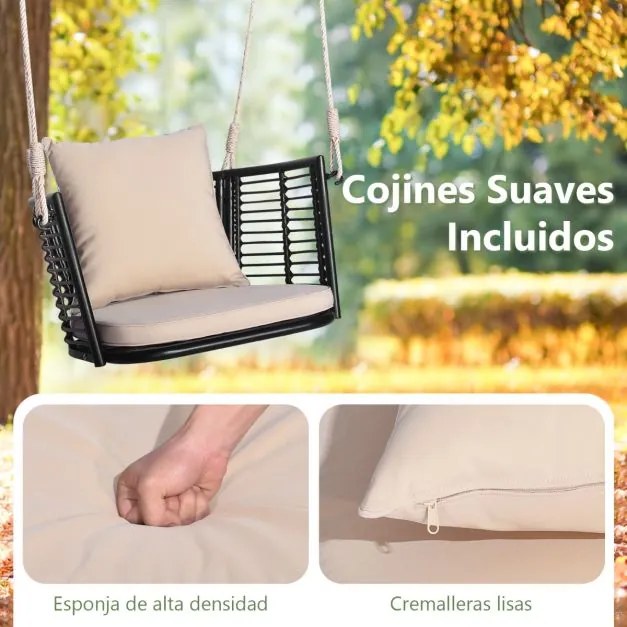 Baloiço de metal para 1 pessoa com encosto em rattan tecido 2 cordas suspensas Almofadas de assento Encosto para varanda Bege e castanho