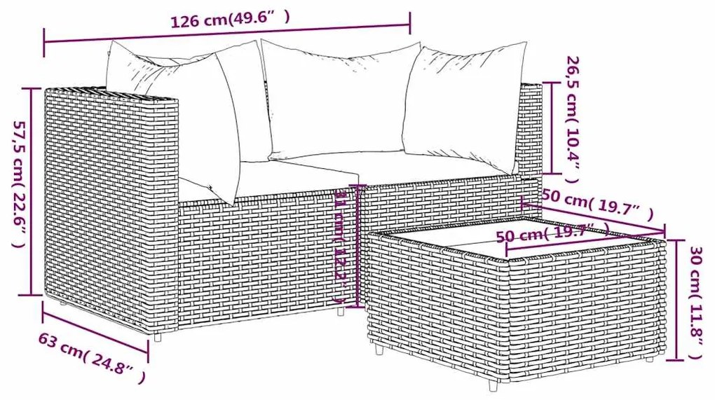 3 pcs conjunto lounge jardim c/ almofadões vime PE castanho