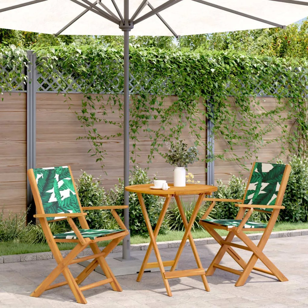 vidaXL 3 pcs conjunto de bistrô tecido/madeira maciça padrão folhas