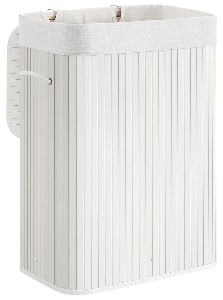 Cesto de roupa suja de bambu SONGMICS, cesto de roupa suja dobrável de 72 L, cesto de armazenamento retangular com 3 alças, 40 x 30 x 60 cm, branco LCB010W01