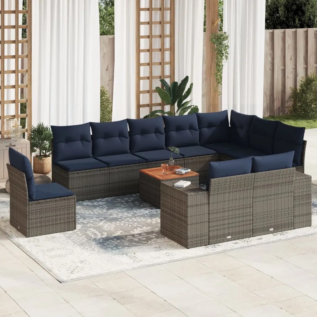 vidaXL 11 pcs conjunto sofás de jardim c/ almofadões vime PE cinzento