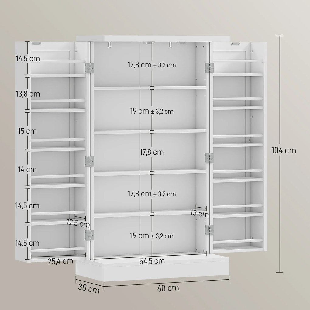 Armário de Cozinha Despensa Cozinha com 2 Portas 16 Prateleiras Aparador Moderno 60x30x104 cm Branco