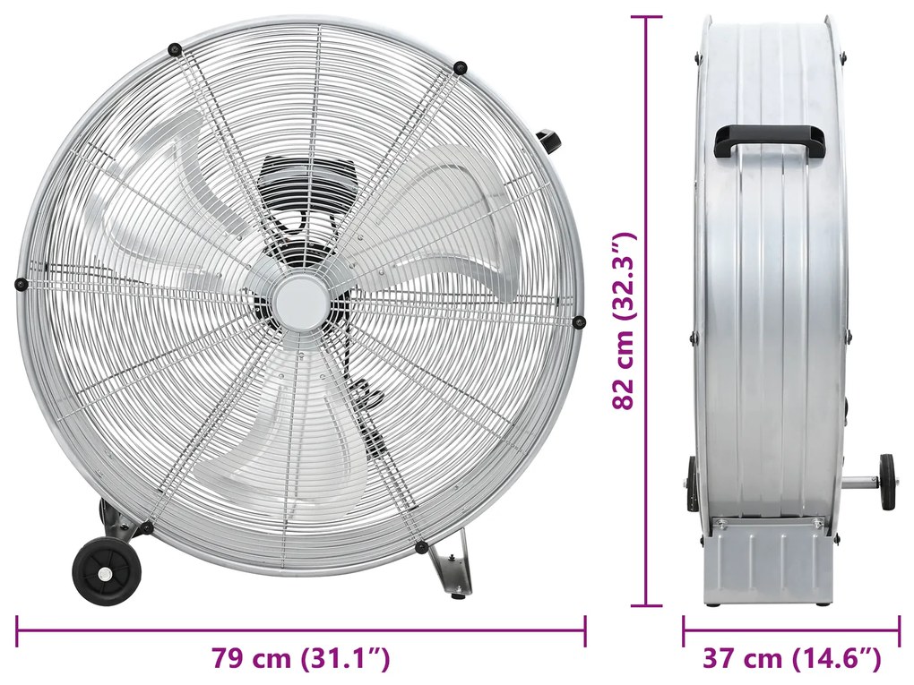 Ventilador de Tambor vidaXL com Rodas 3 Velocidades Prateado de 77 cm