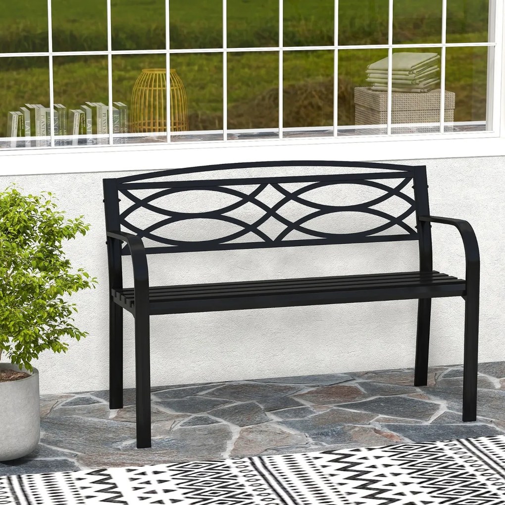 Banco de jardim de 116 cm 49 x 116 x 83 cm para 2 pessoas em metal resistente com braços e encosto curvos Preto