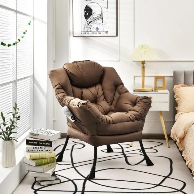 Poltrona moderna em tecido de poliéster com estrutura em metal estofada com bolso lateral 75 x 81 x 94,5 cm Castanho
