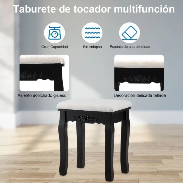 Conjunto Toucador e Banco Acolchoado Mesa de Maquilhagem com Espelho Oval Iluminado 10 Luzes Led e Interruptor Táctil Preto