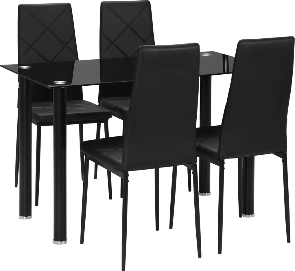 Conjunto de mesa de jantar com 4 cadeiras, tampo em vidro temperado e pés em aço, para cozinha ou sala de estar, na cor preta