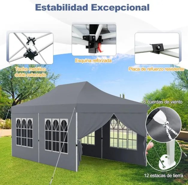 Tenda 600 x 300 cm pop-up com 6 paredes laterais removíveis para festas, casamentos, eventos com bolsa Cinzenta