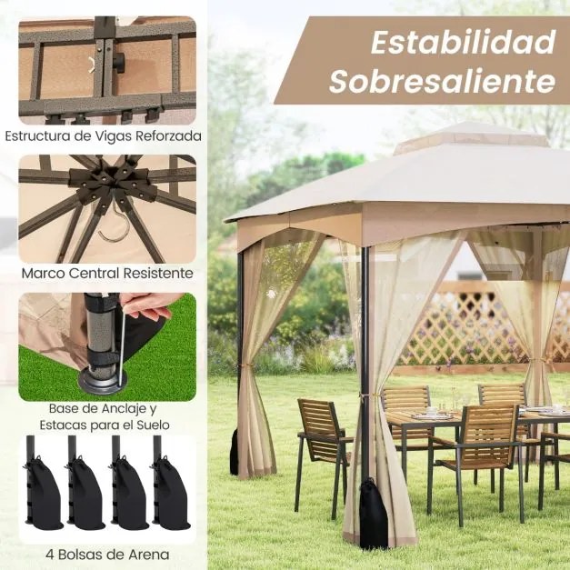 Pérgula para jardim 365x300 cm com paredes de malha com pesos areia Estrutura metálica resistente Portas com fecho Caqui