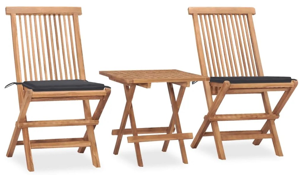 vidaXL 3 pcs conj. jantar dobrável exterior c/ almofadão teca maciça