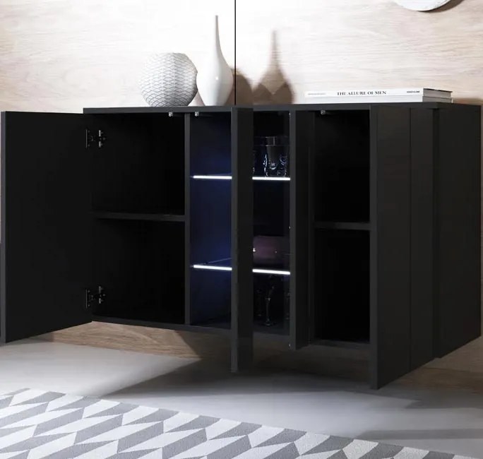 Aparador Suspenso "Lukis" com Luz LED - 120x70x40 cm - Preto Brilhante
