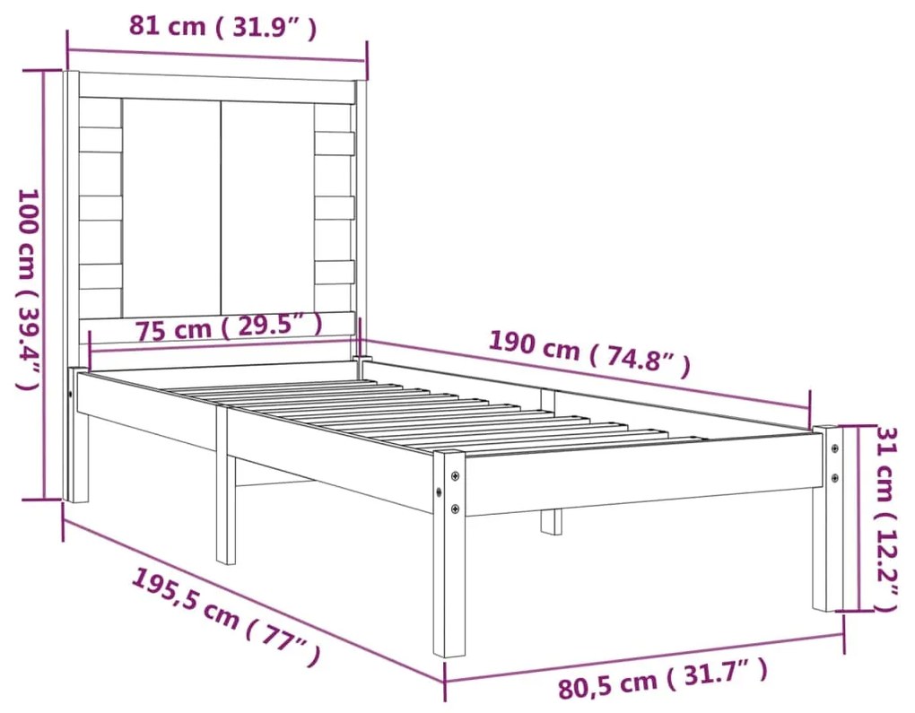 Estrutura cama pequena solteiro 75x190 cm madeira maciça preto