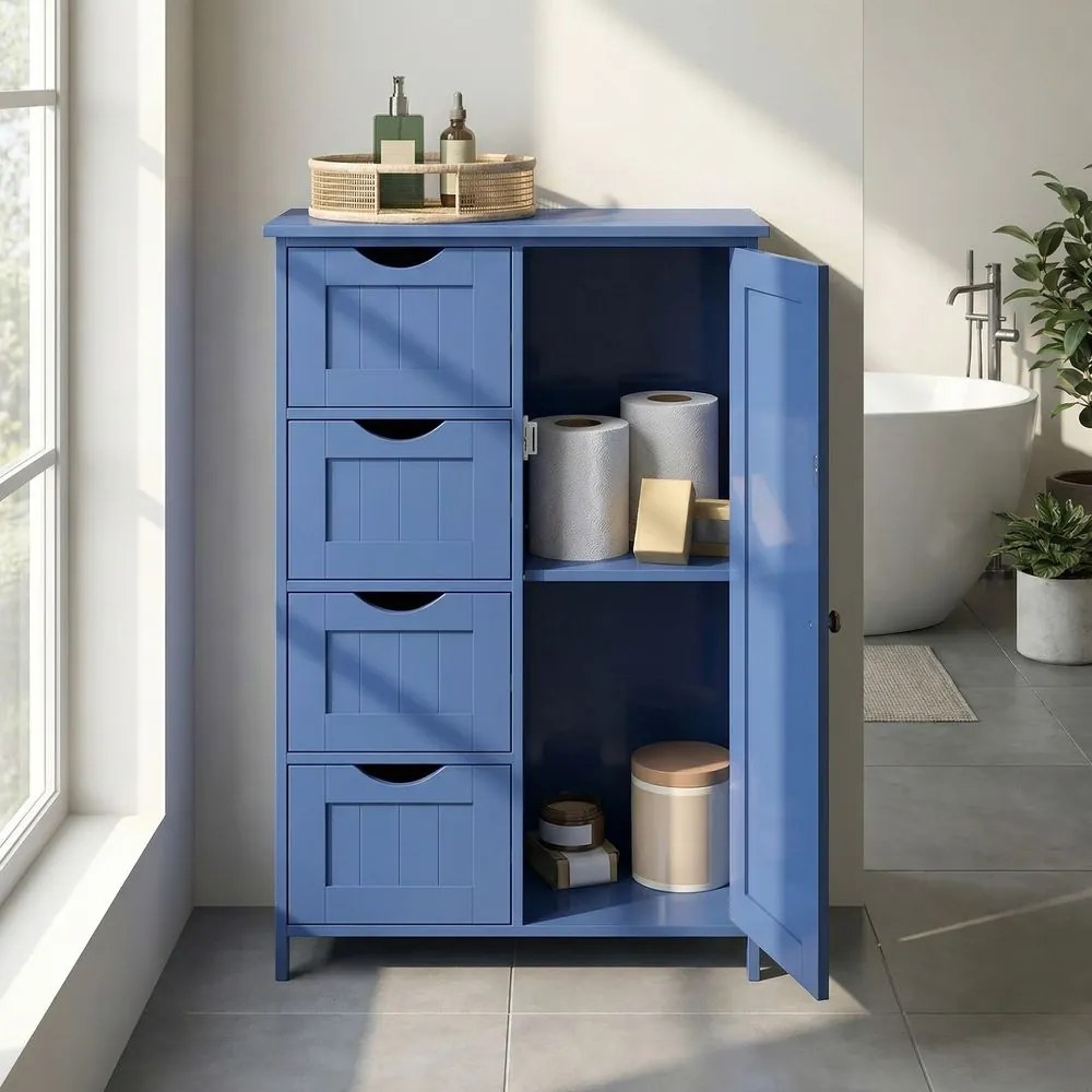 Armário de casa de banho 30 x 55 x 82 cm com 4 gavetas, azul marinho